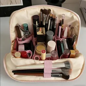 Large Capacity Travel Makeup Bag for Women - Multi Compartment Cosmetic Organizer with Brush Holder, Waterproof Portable Toiletry Bag