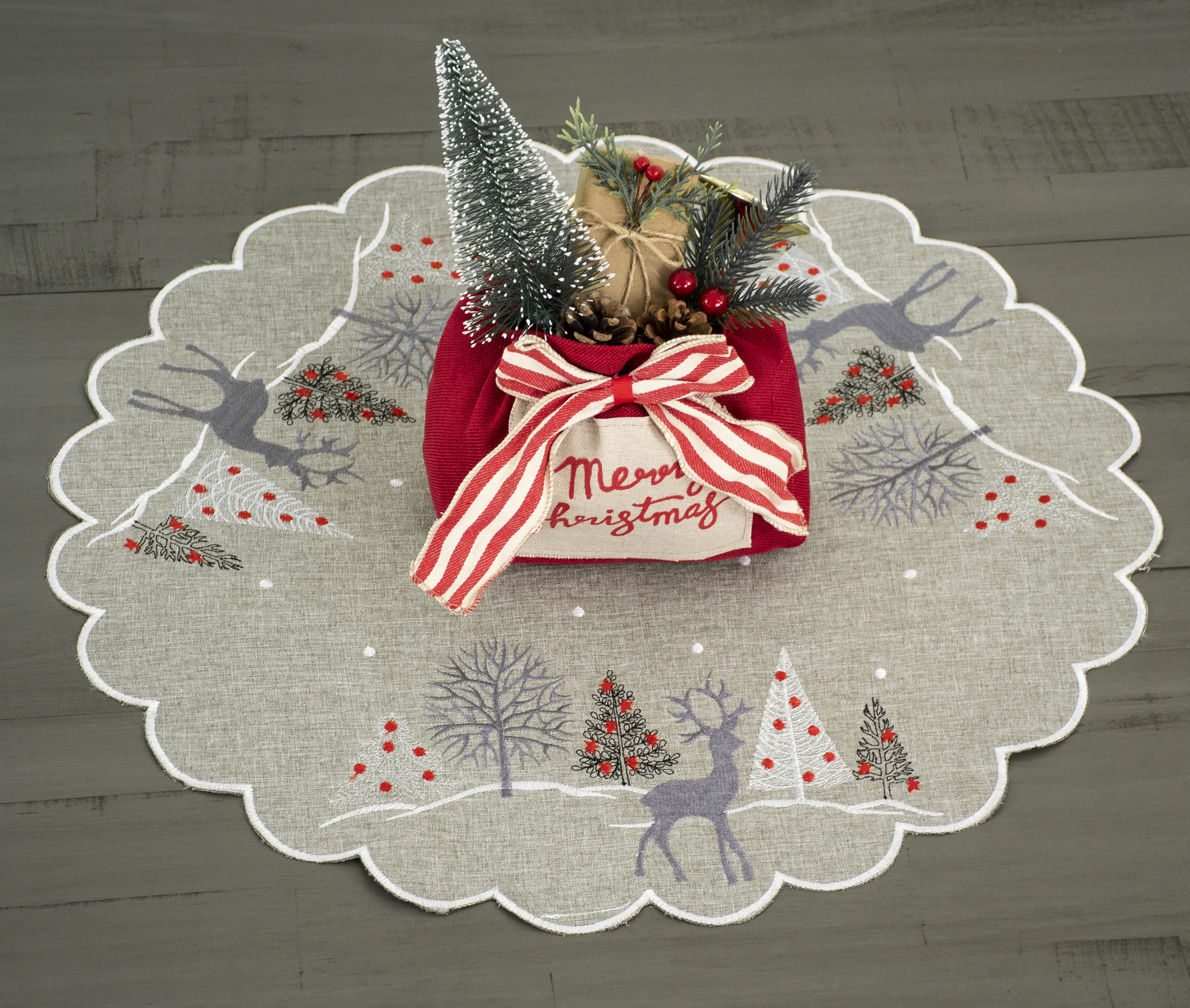 Linens Art And Things Light Grey Embroidered Christmas Reindeer Table Topper - Farmhouse Decor, Holiday Gift Options (23" RD, 33" RD, 33" SQ)