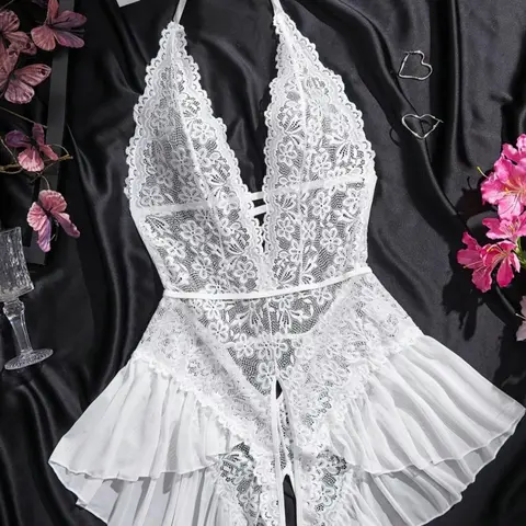 Women's Lace-Embellished Floral Print Fitted Lingerie Bodysuit - Sexy V-Neck, Natural Waist, 3/4 Coverage 1-Piece Underwear for Wedding, Halloween
