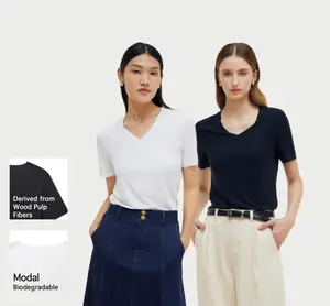 GOELIA Women's Pure Color Modal V-Neck Short Sleeve Tee, Soft Breathable, Plus Size (2-Pack Black & White) Top Fit