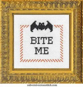 Subversive Cross Stitch Bite Me Bat Deluxe Kit - Includes Material Thread Full Color Pattern Two Needles & Hoop for 14-Count Material
