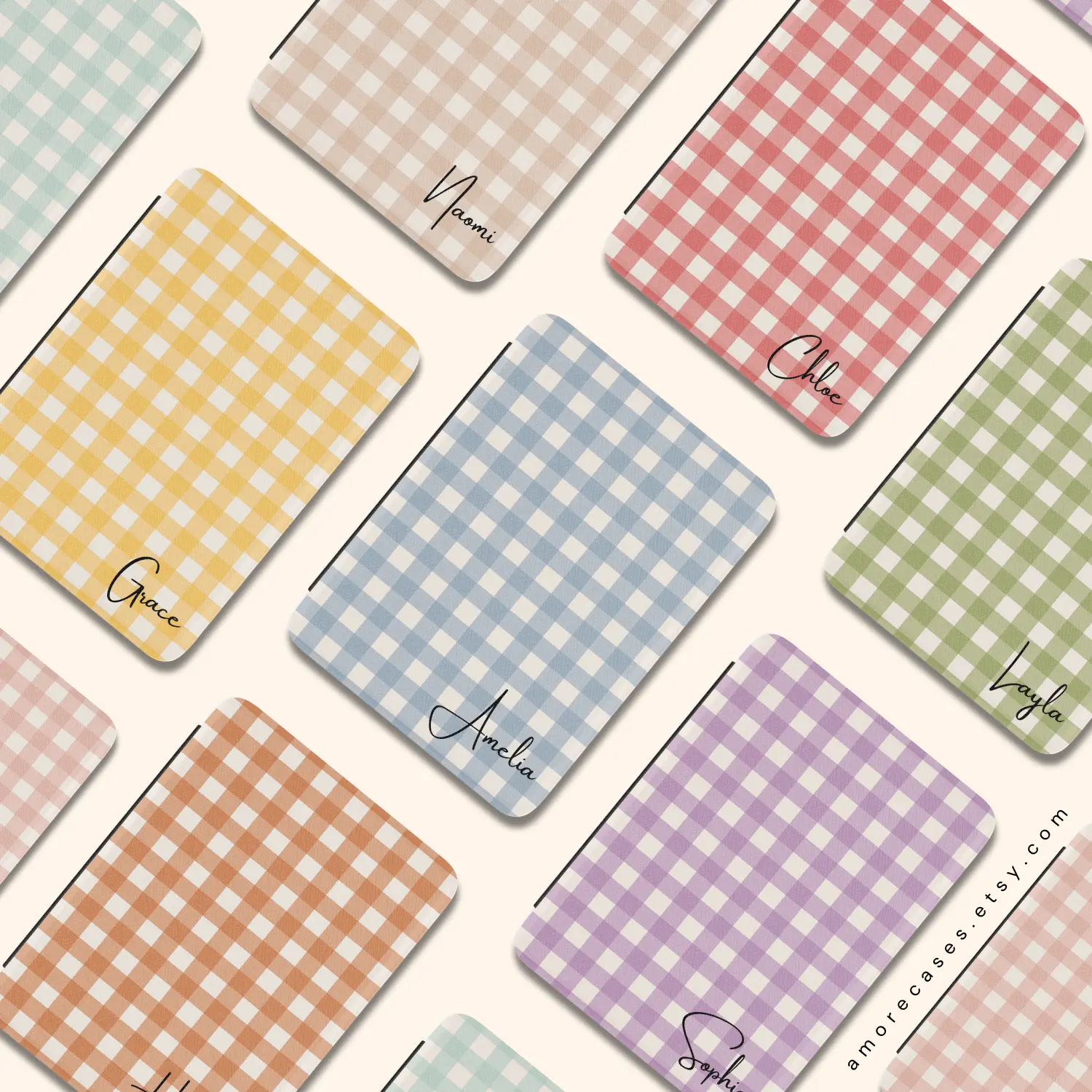 Gingham Personalized Kindle & Reading Tablet Case with Magnetic Closure Stretch Hand Strap for 7" 2024 Paperwhite & Colorsoft Models Black Back