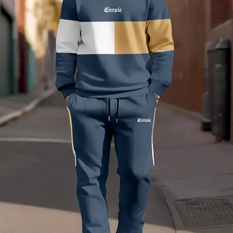 Men's Patchwork Letter-Print Sweatshirt & Drawstring Waist Sweatpants Set, Casual Round Neck Long Sleeve Pullover & Jogger Pants with Pockets, Casual Sport Set, Commute Style Set, Colorblock Sportswear Set, Athleisure Set, Fall & Winter Menswear