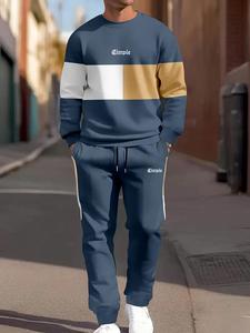 men's patchwork letter print crewneck sweatshirt & sweatpants set, casual sporty breathable round neck long sleeve pullover & pocket jogger pants, two-piece outfits for fall & winter, men's 2 piece set, menswear, athleisure style athleisure wear
