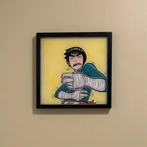 Rock Lee "Drunken Fist" 10x10 Black Wooden Frame Anime Artwork Featuring Character with Bandaged Fist Traditional Display Piece