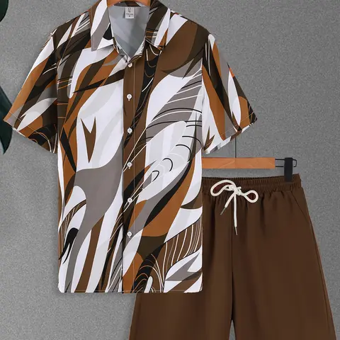 Men's 2-Piece Set, Tropical Abstract Art Print Short-Sleeve Shirt & Solid Color Drawstring Waist Shorts, Lightweight Breathable Fabric, Relaxed Fit Homewear & Loungewear