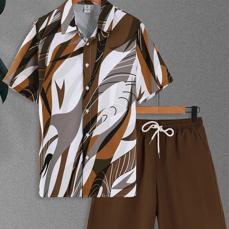 Men's 2-Piece Set, Tropical Abstract Art Print Short-Sleeve Shirt & Solid Color Drawstring Waist Shorts, Lightweight Breathable Fabric, Relaxed Fit Homewear & Loungewear