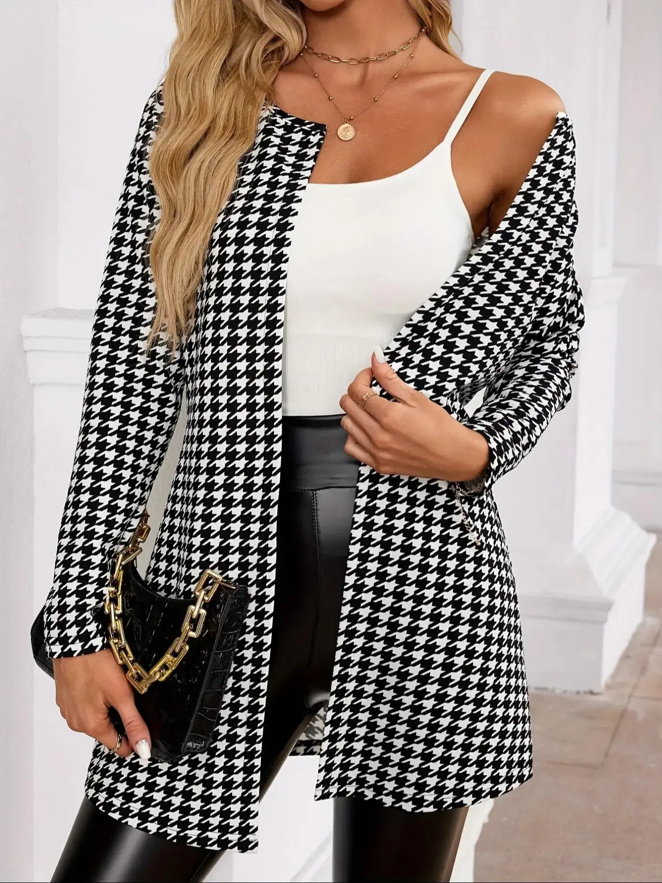 Women's Houndstooth Print Long Sleeve Open Front Jacket Fabric Fit, Casual Elegant Office Style Office Wear Outerwear for Spring & Fall, Ladies Clothes for Daily Wear, Womenswear Piece