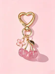 Cherry Flower Keychain for Women, Cute Glitter Cherry Charms, Heart Carabiner Key Ring, Aesthetic Bag Purse Charm, Mother's Day Gift, Best Gift, Keychain for Bags