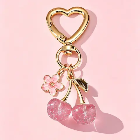 Cherry Flower Keychain for Women, Cute Glitter Cherry Charms, Heart Carabiner Key Ring, Aesthetic Bag Purse Charm, Mother's Day Gift, Best Gift, Keychain for Bags, Sparkling Keychain