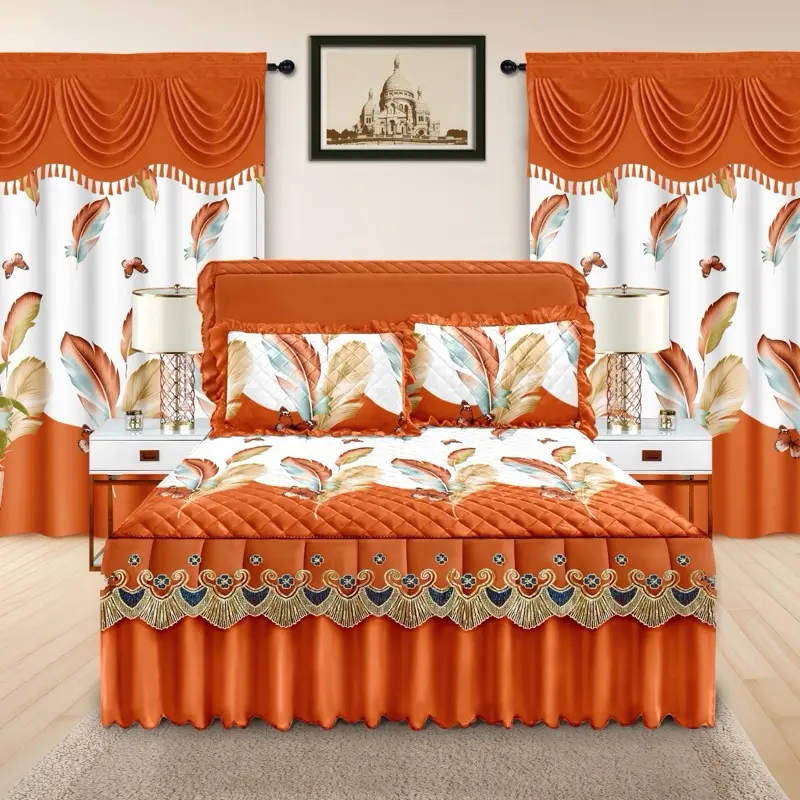 Liliann Collection 5 pcs Bed Skirt Set with Pillow Cases and Printing Valance for Bedroom Decor
