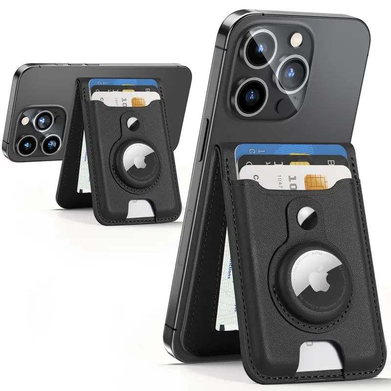 HiWe Magsafe Wallet Stand with Airtag Holder, Fit 6 Cards, RFID Blocking, Leather Magnetic Phone Wallet, Strong Magnetic Card Holder for iPhone 16/15/14/13/12 Series