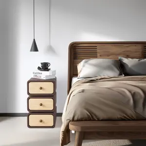 3-Layer Rotatable Wooden Bedside Table, Solid Wood Nightstand with Leather Finish and Storage Drawers for Bedroom or Living Room