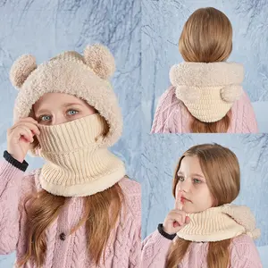 Children's Hat Cartoon Cute Bear Face Mask Neck Warmer Integrated Hat Winter Outdoor Fleece Lined Warm Knitted Beanie