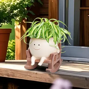 Smiley Face Garden Planter Pot, Cartoon Resin Succulent Pot with Drain Hole, Cute Rocking Chair Design Decorative Flower Pot for Home Office Desktop