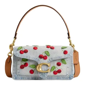 COACH Tabby 26 Medium Women's Handbag with Cherry Embroidery and Denim-Blue Leather Accents