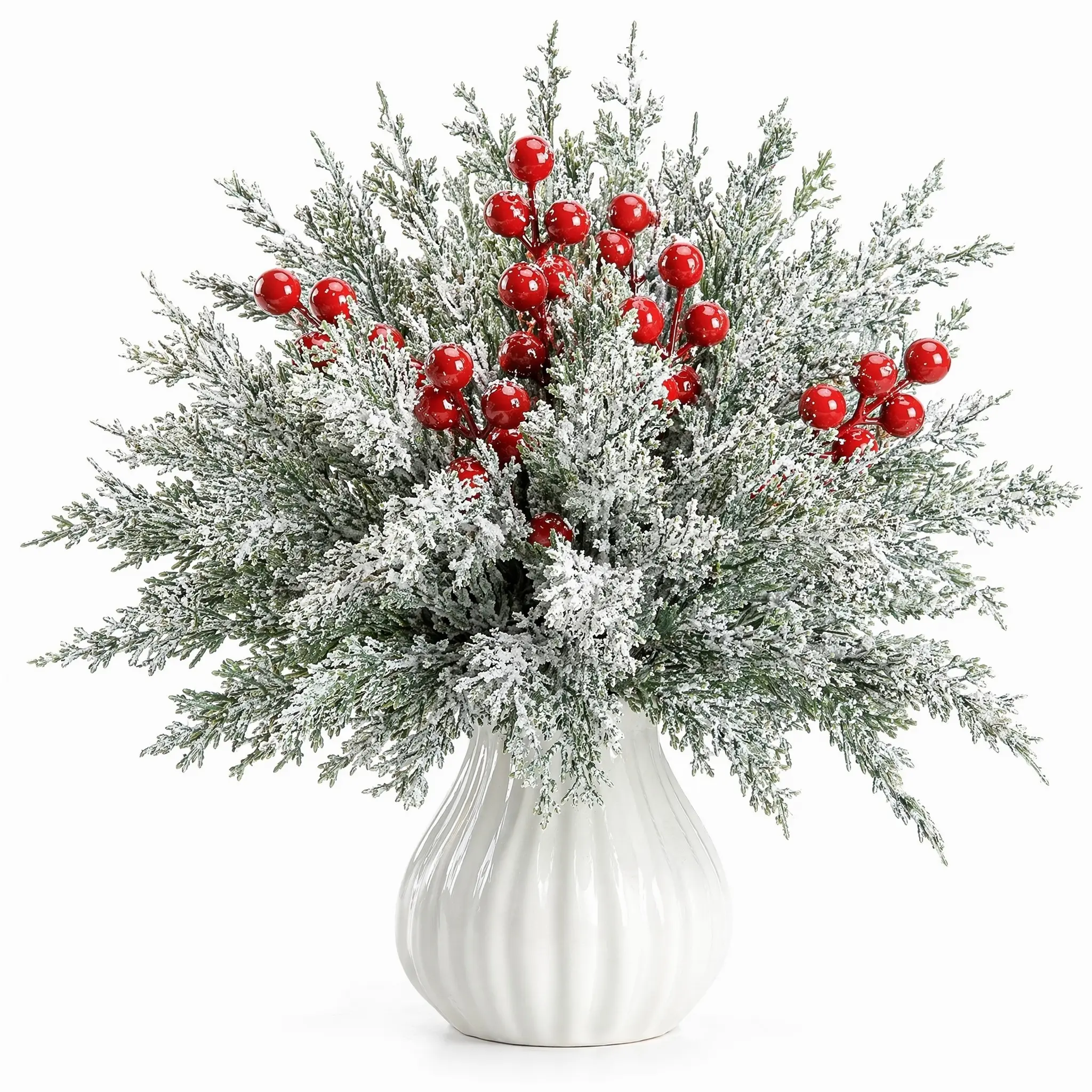Winter-themed Red Berry Decorative Centerpiece in White Vase - Festive Seasonal Accent for Home