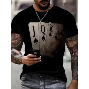 Poker printed T-shirt men's casual style summer and autumn slightly elastic round neck T-shirt Made in USA