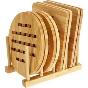 8 Pack Bamboo Trivets with Dish Rack - Bamboo Trivet Mat Hot Pads Trivet for Hot Dishes, Pot, Bowl, Teapot