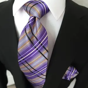 Purple Plaid Silk Tie Pocket Square Cufflink Set
