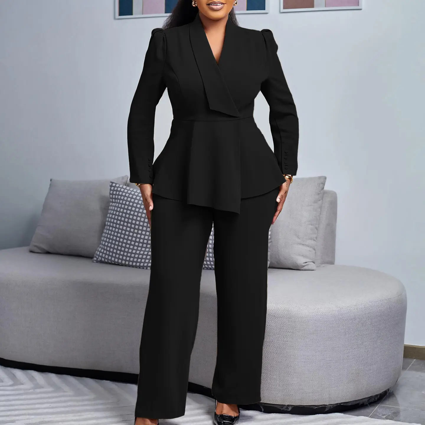 Women's 2-Piece Suit Set: Ruffle Blazer + Wide-Leg Pants for Business, Formal & Casual Days