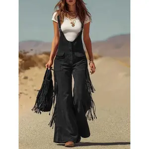Women’s retro Western-style tassel wide-leg workwear, faux deer-skin pants, streetwear casual denim core workwear, tassel-detail faux suede wide-leg, music festival bold-statement pants GARMENTARY