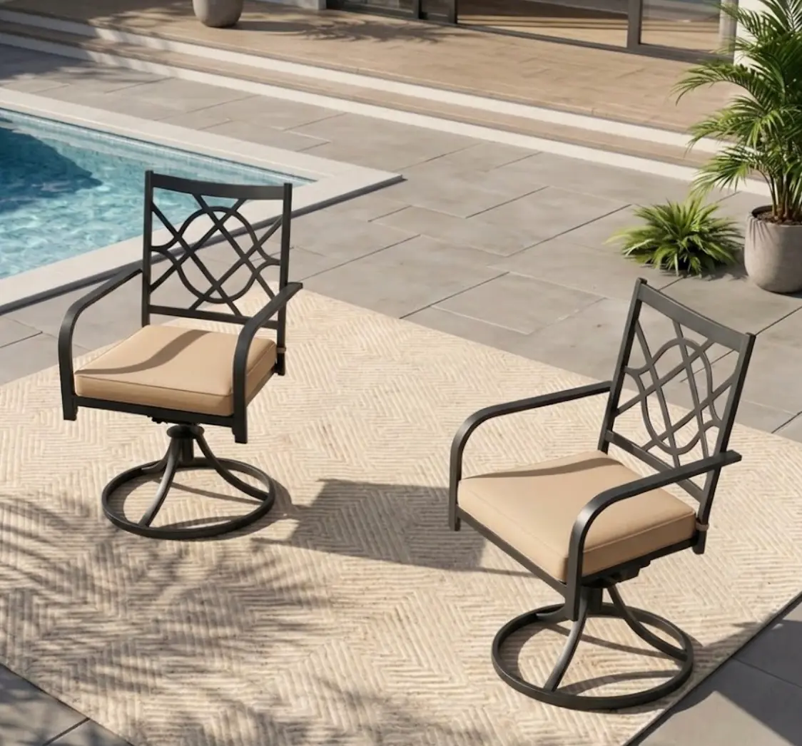 OUTROAD Single Swivel Metal Patio Dining Chair, Outdoor Armchair with Thick Beige Outdoor-Ready Fabric Cushion, for Garden Backyard
