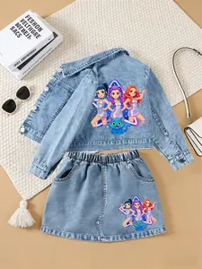 Back-To-School Sweet Cool Girl, K-Pop Girl Group Jeans Set, Y2K Retro Cartoon Print, Cute and Comfortable, Tiktok Trendy Ootd