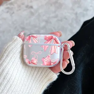 Pink Bow Delight Pattern TPU Soft Protective Case for Apple AirPods 4/3/2/1/Pro/Pro2 Transparent Earphone Cover with Keychain Attachment