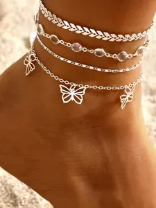 4-Piece Ankle Bracelet Set, Butterfly Charm Design, Simple Chain Style, Layered, Essential for Hawaiian Beach Vacations, Boho Alloy Material