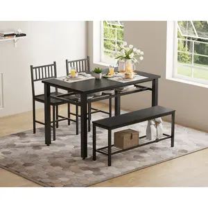4-Piece Farmhouse Dining Set for 4, Compact Kitchen Table with Chairs, Bench & Storage, Perfect Dining Furniture for Small Spaces & Apartments