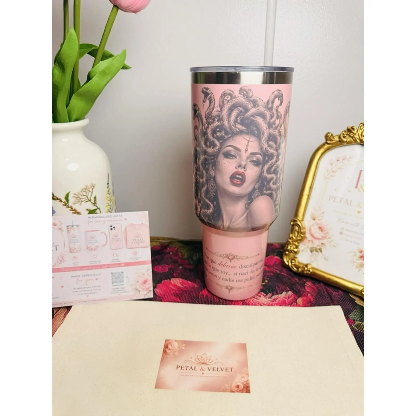 Petal & Velvet Custom 40oz Pink Tumbler with Handle Personalized Sublimation Gift for Unique Presentations