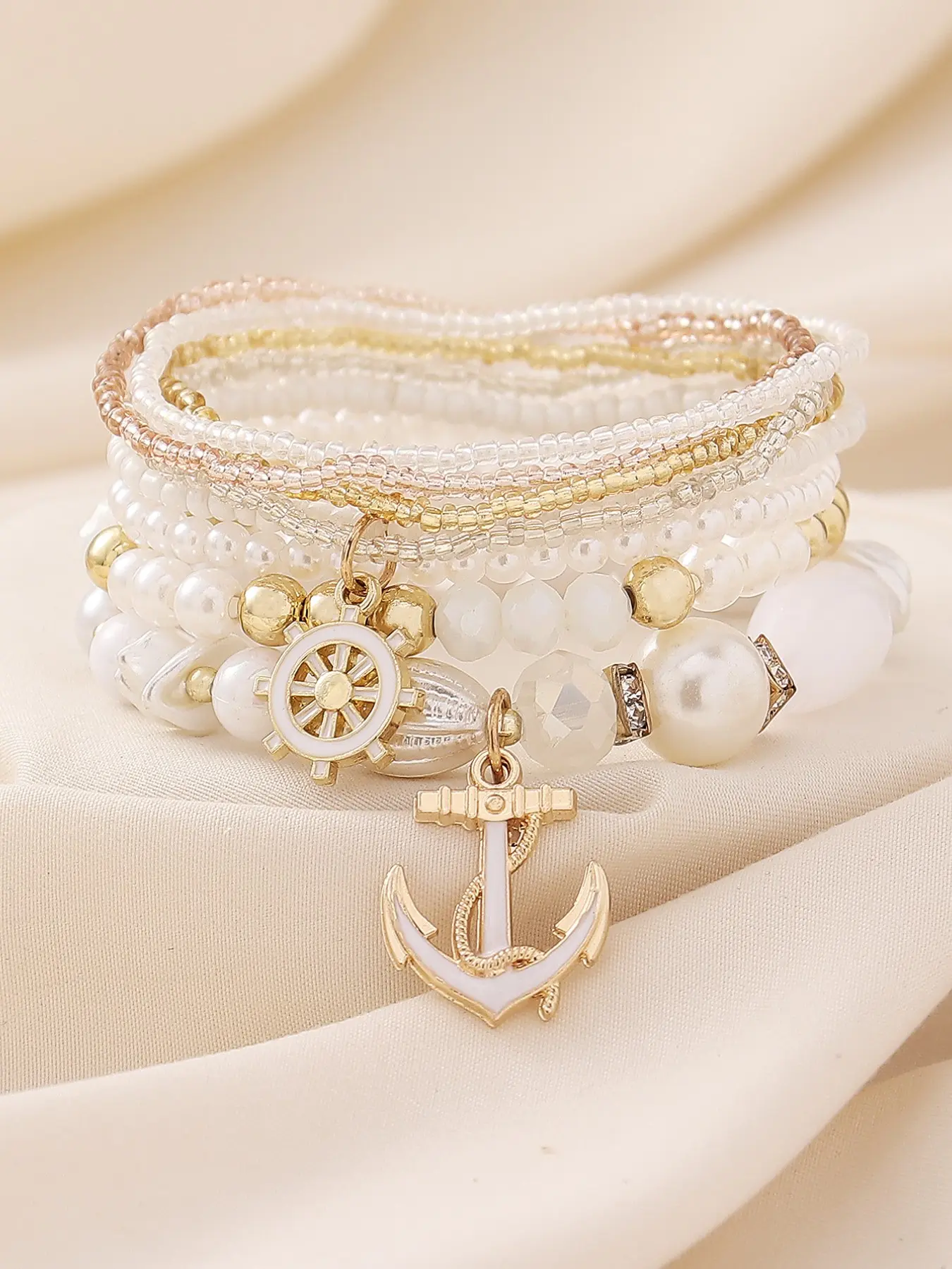 Boho Ocean Style 7-Piece Handmade Beaded Anchor Hook Bracelet Set, Perfect for Beach, Party, Gift, All Seasons, Daily Wear, Stackable Bracelet Set, Beaded Bracelet Sets