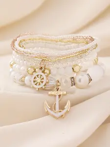 Boho Ocean Style 7-Piece Handmade Beaded Anchor Hook Bracelet Set, Perfect for Beach, Party, Gift, All Seasons, Daily Wear, Stackable Bracelet Set