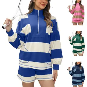 Naeduo Hot Striped Oversized Sweatshirts 1/4 Button Lapel Pullover Sweater Drop Shoulder Long Sleeve Cozy Fleece Lined Casual Style for Women Spring & Summer