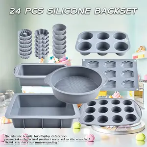 24pcs Complete Silicone Kit: 18 Mini Muffin Cups + 12-Cav Muffin Pan + 9-Madeleine Mold + 6-Jelly Pan + Square/Round/Loaf Pans + Pancake Skillet, Silicone Baking Mold, Bakeware, Silicone Loaf Molds