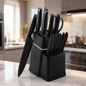 15 Piece Knife Set with Sharpener Block - German Stainless Steel, Dishwasher Safe Kitchen Knives with Built-In Sharpener, Black