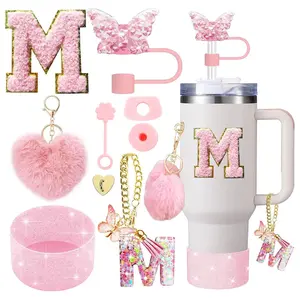 9PCS Accessory Set for Stanley Cup 30oz 40oz Butterfly Straw Cover Cap Silicone Boot Charm Initials Sticker Spill Proof Stopper