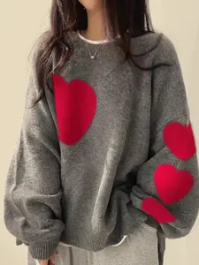【Plus Size】 Colorblock Heart Pattern Crew Neck Sweater, Casual Long Sleeve Pullover Jumper for Daily Outdoor Wear, Women Plus Clothing for Fall & Winter