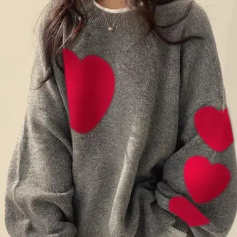 [Plus Size] Colorblock Heart Pattern Crew Neck Sweater, Casual Loose Lounge Streetwear Long Sleeve Pullover Jumper for Daily Outdoor Wear, Women Plus Clothing for Fall & Winter, Sweatshirts, Womenswear
