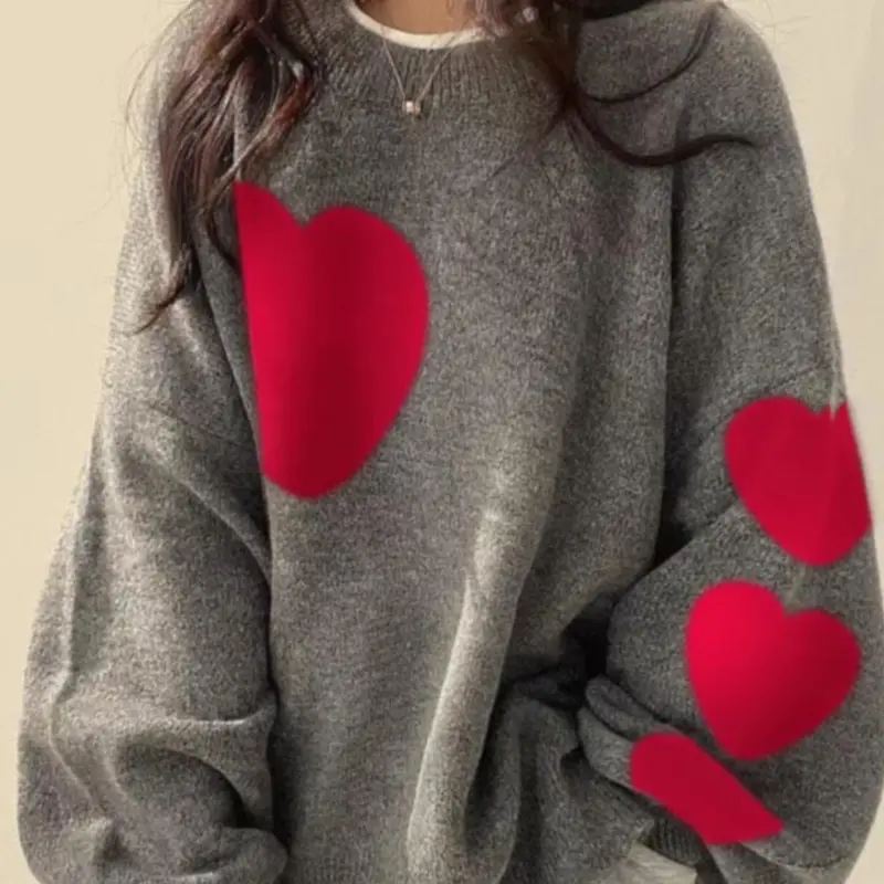 [Plus Size] Colorblock Heart Pattern Crew Neck Sweater, Casual Loose Lounge Streetwear Long Sleeve Pullover Jumper for Daily Outdoor Wear, Women Plus Clothing for Fall & Winter, Sweatshirts, Womenswear