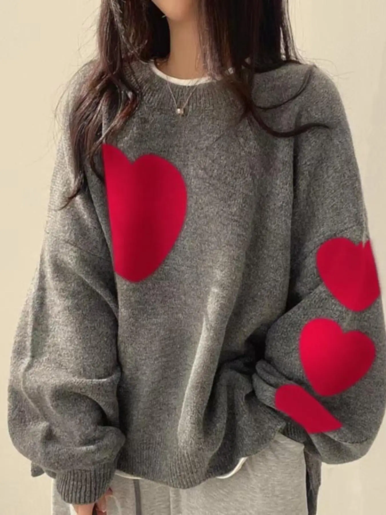 【Plus Size】 Colorblock Heart Pattern Crew Neck Sweater, Casual Long Sleeve Pullover Jumper for Daily Outdoor Wear, Women Plus Clothing for Fall & Wint