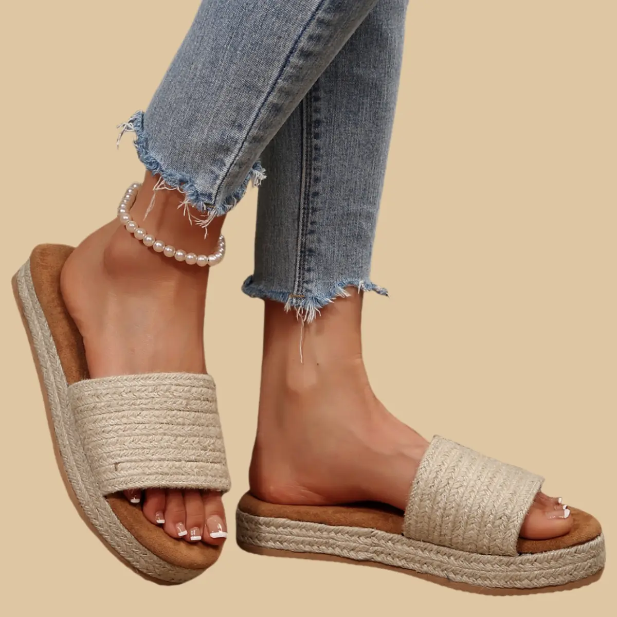 Women's Chunky Wedge Single Band Espadrille Flatform Sandals, Straw Upper Slip-On Slides for Casual Wear