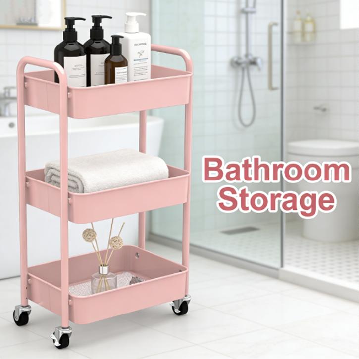 3-Tier Rolling Metal Storage Organizer Mobile Utility Cart with Caster Wheels Pink Blade Stand Durable Powder-Coated Steel Frames Mesh Baskets Easy Installation