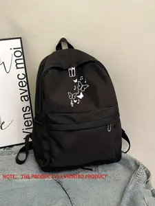 Line Print Backpack with Butterfly and Music Notes, Casual Nylon Book Bag for School, Commute, Travel, Easy to Clean
