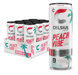 CELSIUS PEACH VIBE Sparkling White Peach, Sugar Free Energy Drink, 12 Fl Oz (Pack of 12)
