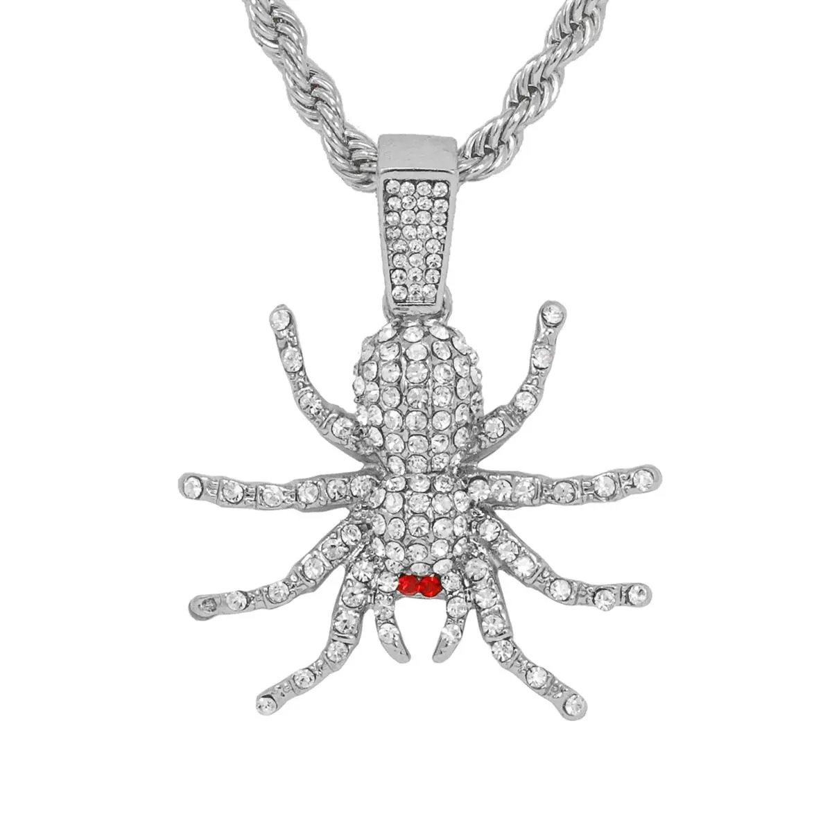 Iced Out Spider Pendant Necklace, 24 Inch Unisex Twisted Rope Chain, Plated Alloy Statement Jewelry for Photoshoots, Casual Wear, Approx. 24", Bold Look, Statement Necklace, Spider Charm, Animal, Single Necklace