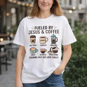 Fueled by Jesus and Coffee T-Shirt - Christian Faith Graphic Tee for Men and Women, Inspirational Religious Coffee Lover Gift, Vintage Short Sleeve Casual Cotton Shirt, Spiritual Scriptural Apparel Bear Womenswear Top