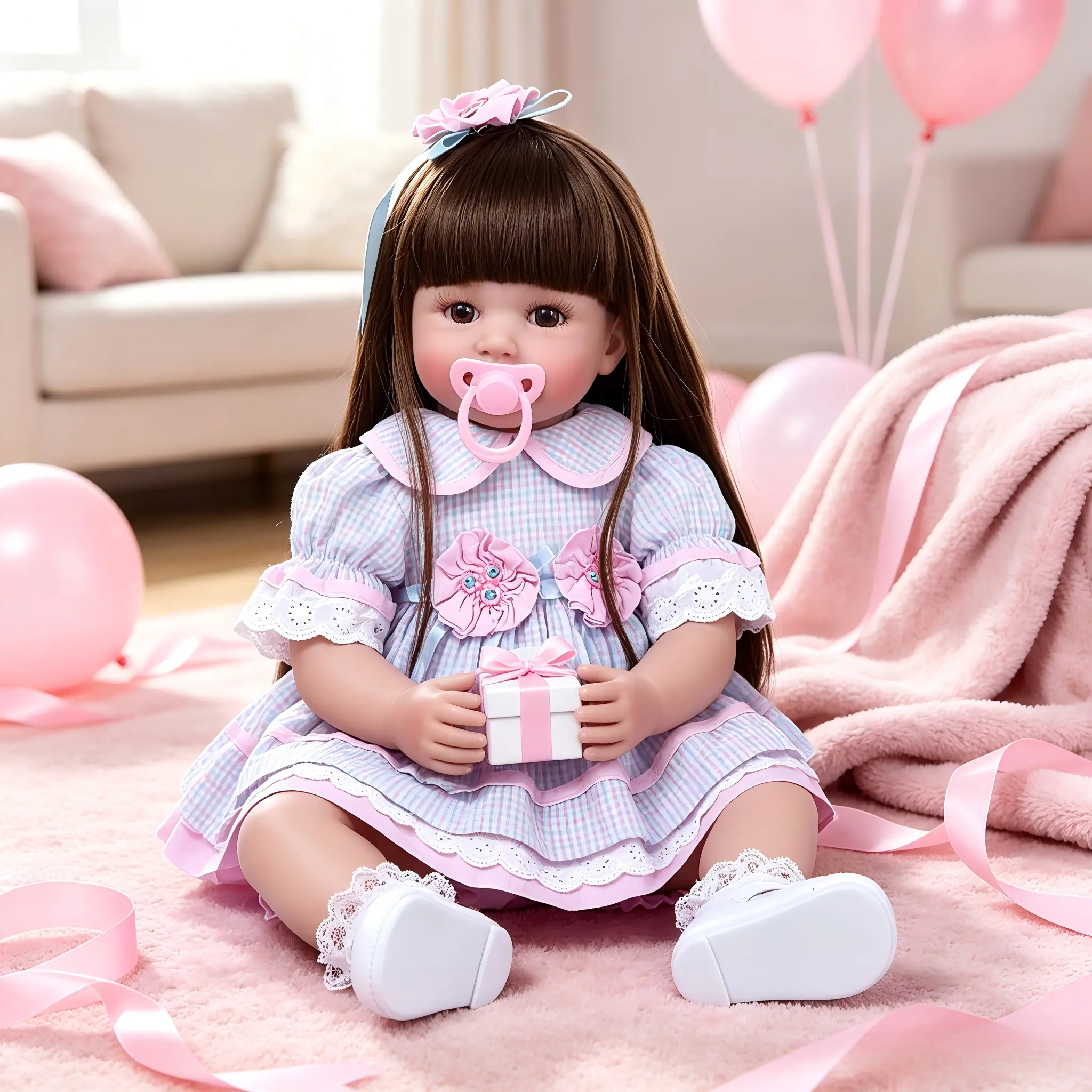 24" Unisex Realistic Awake Reborn Toddler Doll for 4-6 Years - Soft Cloth Body, Soft Vinyl Limbs, Long Hair, Blue Plaid Outfit, Magnetic Pacifier, Feeding Bottle, Collecting Dollcore Set