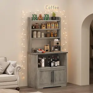 Garvee 3-Shelf Baker's Rack with Storage Cabinet, Microwave Stand with Power Outlets and USB Ports, Thickened Countertop, Coffee Bar Storage Shelves, Compact Kitchen Bakers Rack